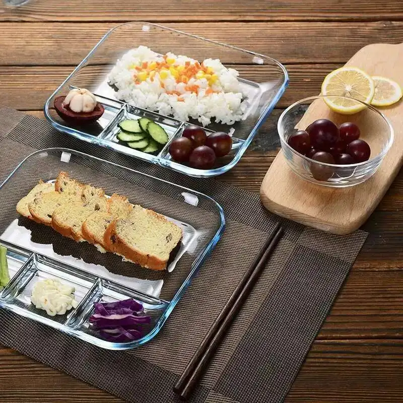 Plato de cena dividido de vidrio templado, bandeja de fruta, platos de comida occidental, vajilla de desayuno para restaurante y hogar