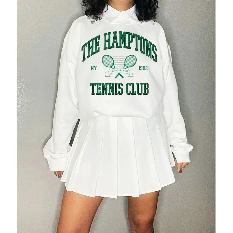 Hampton Tennis Club 1982 Vintage Printed American Fashion Women\'s Crew Neck Loose Cotton Fleece Pullover Sweatshirt