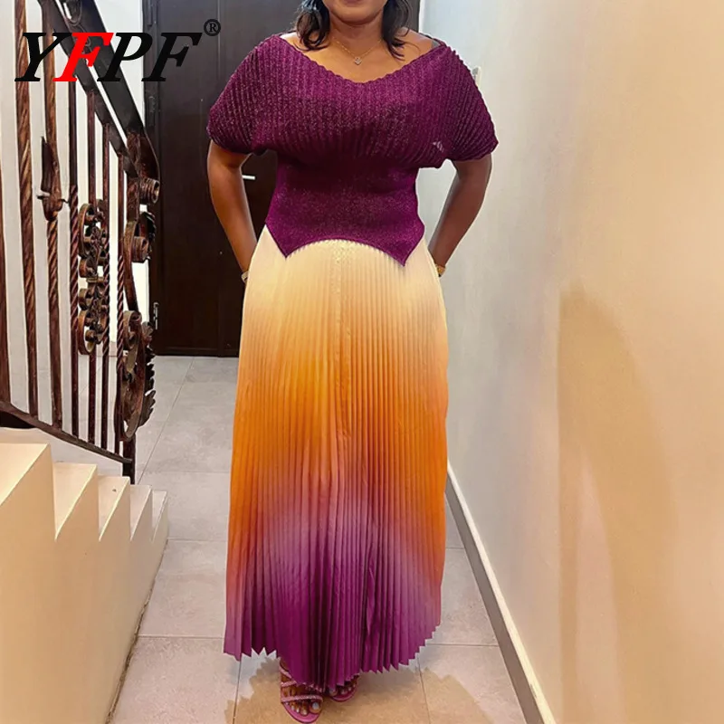 

YFPF 2025 Summer Fashion Pleated Design 2 Piece Set For Women Short Sleeve Gathered Waist Tops + Gradient Long Skirt 3A348