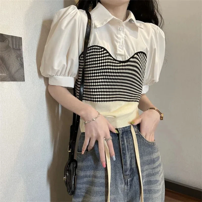 Summer New Youthful Girl Fake Two-piece Outfit Top Color College Sweet Puff Sleeve Shirts Short Tops Korean Trend Women Clothing