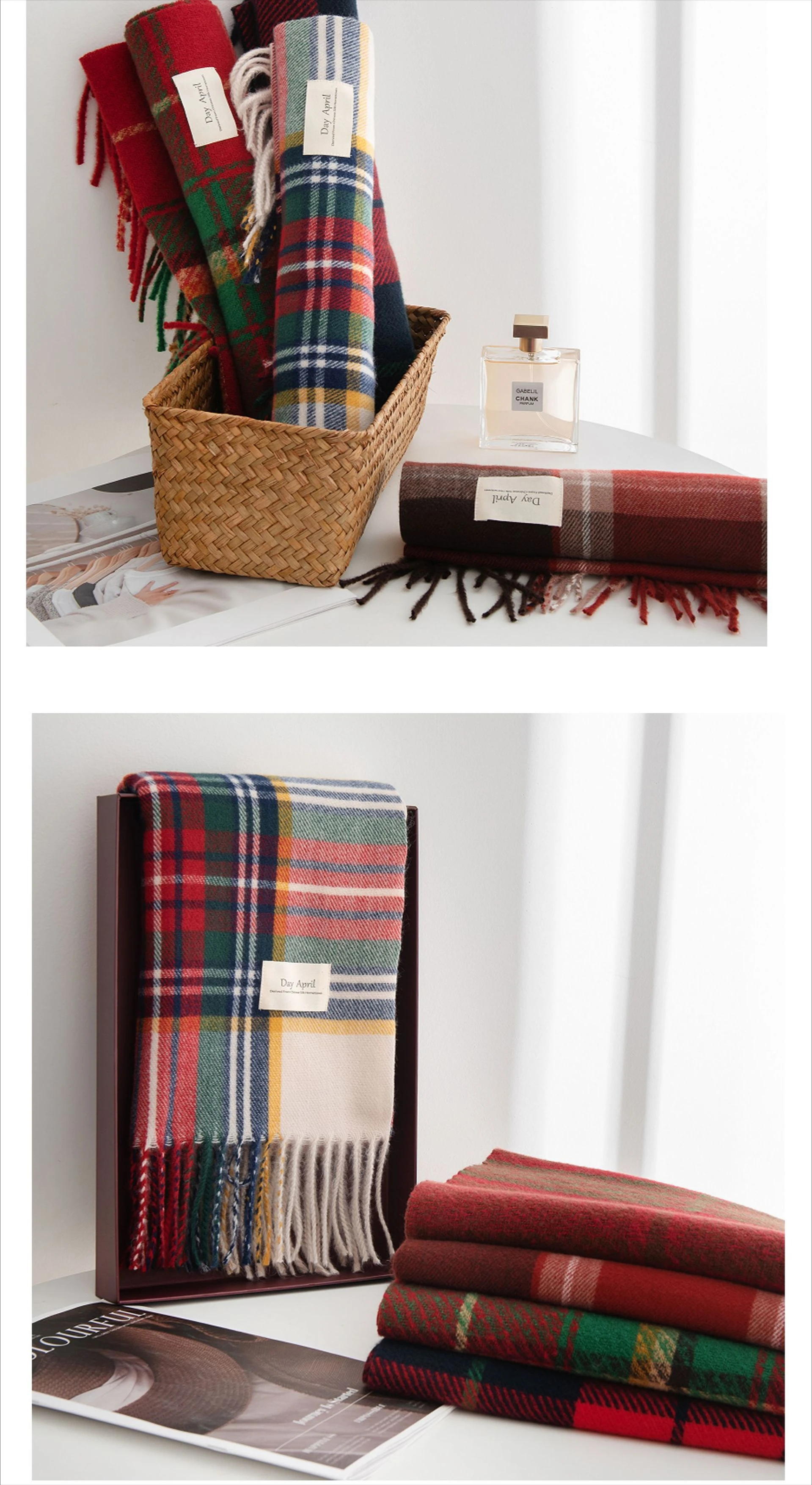 Weihnachtsroter Schal für Frauen, Kaschmirimitat, kariert, bedruckt, Plüschschal, Trend, hochwertiger warmer Schal, Quastenschals – Detail 9