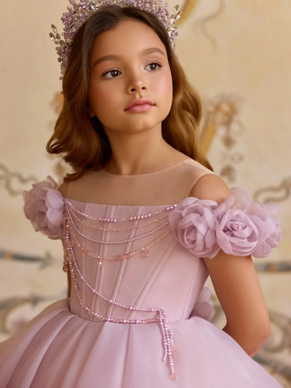 2026 Girls Lilac Princess Dress 3D Rose Off Shoulder Tulle Ball Gown Kids Party Wedding Flower Girl Pageant Formal Prom Dress view 2