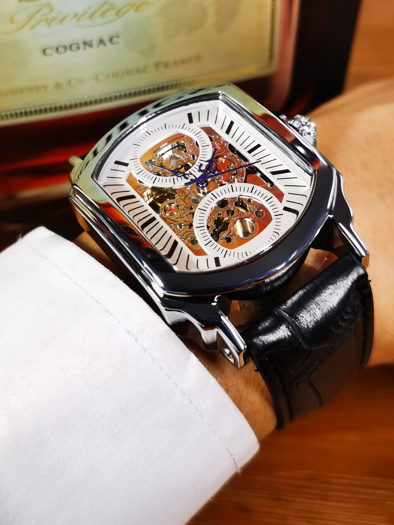 WINNER Fashion Rectangle Skeleton Automatic Watch for Men Blue Pointer Top Brand Luxury Leathe Strap Business Mechanical Watches