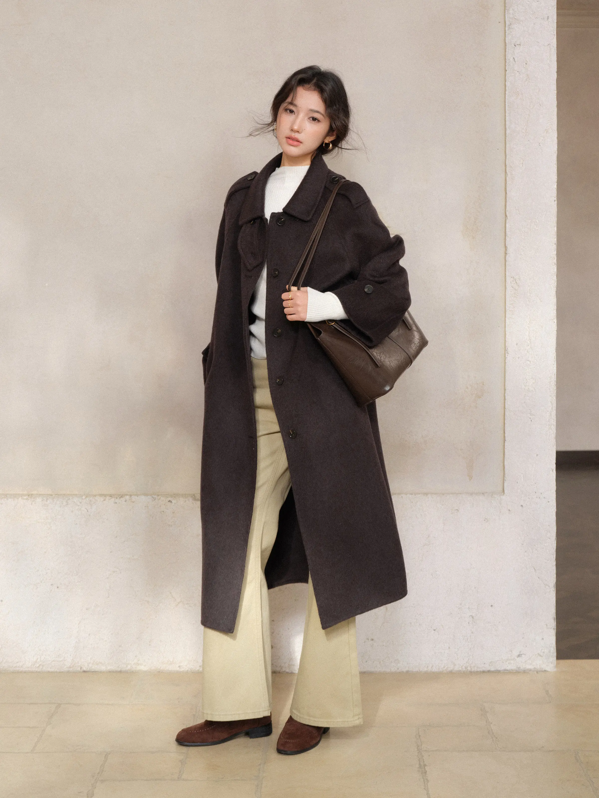 Women Vintage Double Face Wool Long Coat for Lady Elegant Oversized Overcoat Chic Winter Casual Loose Fit Outerwear Style Wear