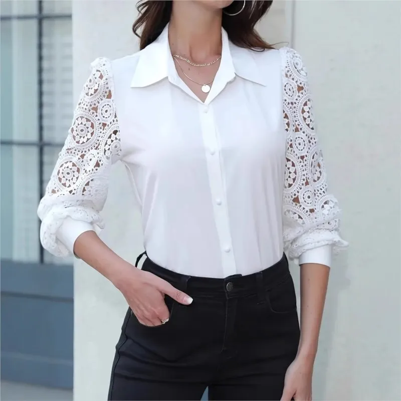 

2025womens Hot Spring And Autumn Fashion Lace Hollow Long Sleeve Lapel Button Shirt Urban Office Professional Casual Shirt Women