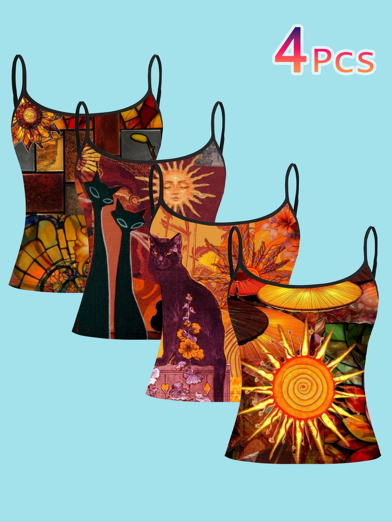 4-Piece Set of Vintage Sun and Black Cat Stained Glass Print Camisole Tops for Women, Warm Orange Bohemian Style Slim-Fit Spaghetti Strap Tops