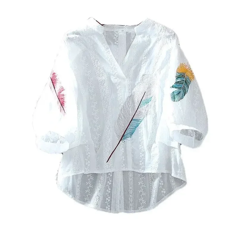 Cotton Lace Blouses Loose Summer Top Women Shirt Embroidery Flowery V-neck Lantern Sleeve Shirt Temperament Female Thin Shirt