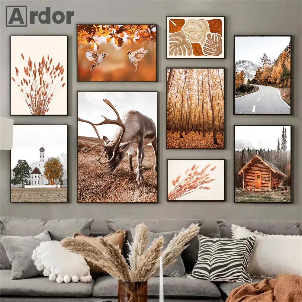 Autunno Paesaggio Foglia Tela Poster Casa sull'albero Wall Art Painting Cervo Stampa Immagini murali nordiche Soggiorno Interni Home Decor