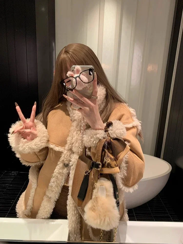 Winter Warm Overcoats Women Outwear Casual Y2k Office Lady Vintage Faux Fur Wool Coat Ladies Korean Fashion Khaki Jackets Chic