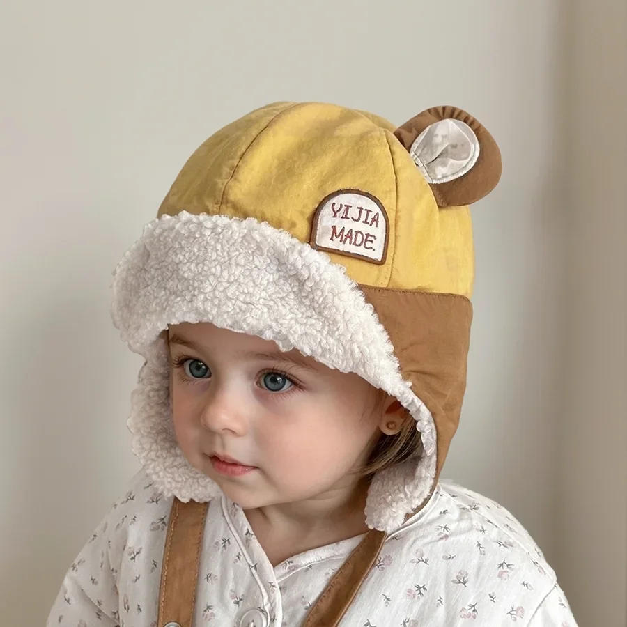 

2025 Winter Baby Boys Girls Cute Bears Children Outdoor New Year Gifts Kids Caps for 1-3 Years Adjustable Hats with Fleece