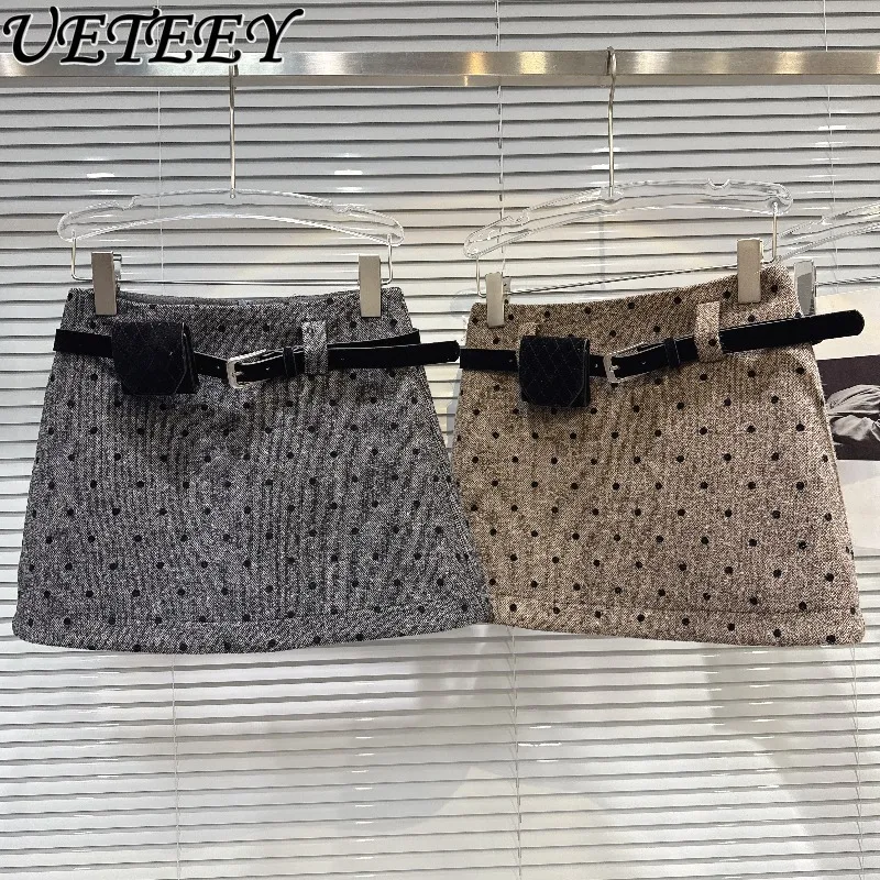 

Autumn Winter New Fashion Polka Dot High Waist Woolen Short Skirt Elegant Versatile Velvet Belt A-line Mini Skirts for Women