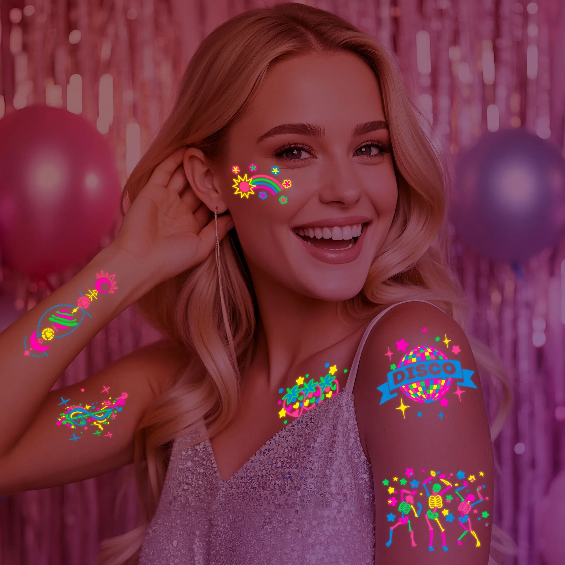 6 قطع من الوشم المؤقت المتوهج في الظلام نيون/الضوء الأسود ملصقات مقاومة للماء قابلة للتنشيط للحفلات الموسيقية/المهرجانات/المتوهجة* #4