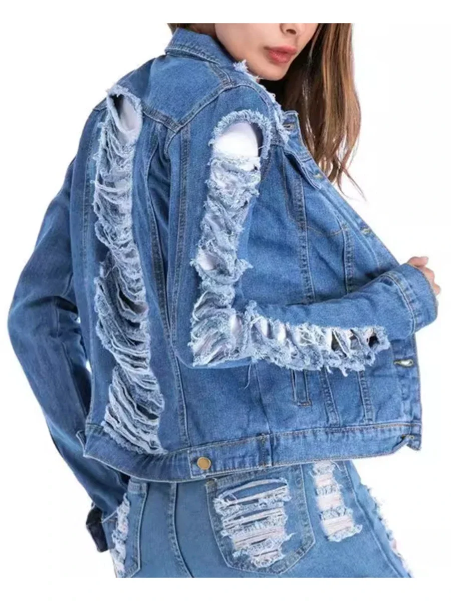 Women's Ripped Frayed Jean Jacket Casual Lapel Neck Long Sleeve Button Down Denim Tops Female Fall Coat for Daily Streetwear Y2K