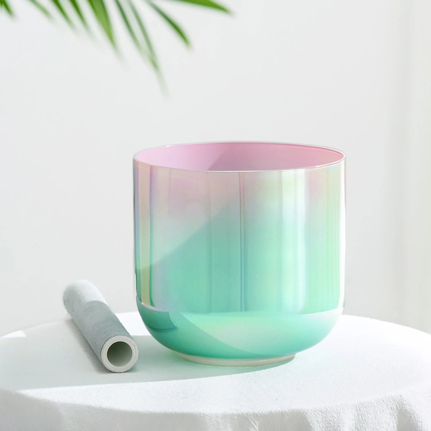 CVNC 7 Inch Dream Pink & Green Color Alchemy Clear Quartz Crystal Singing Bowl for Sound Healing and Therapy with Mallet