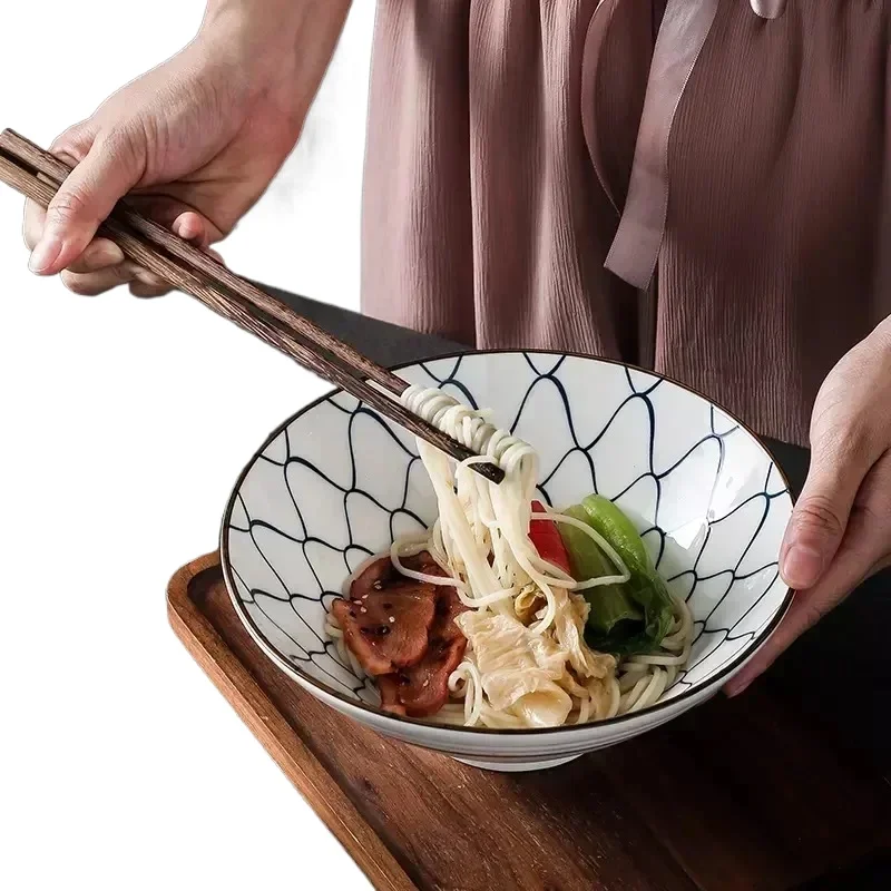 Japanese Ceramic Tableware, 8-inch Dobin Bowl, Flared Rim Ramen Soup Bowl, Creative and Stylish Underglaze Design