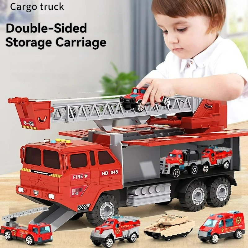 Kids Fire Engine Car Toy Model with Sound Light Ladder Fire Truck Wheel Pull Back Sprinkler Rescue Vehicle Boys Decoration Gifts