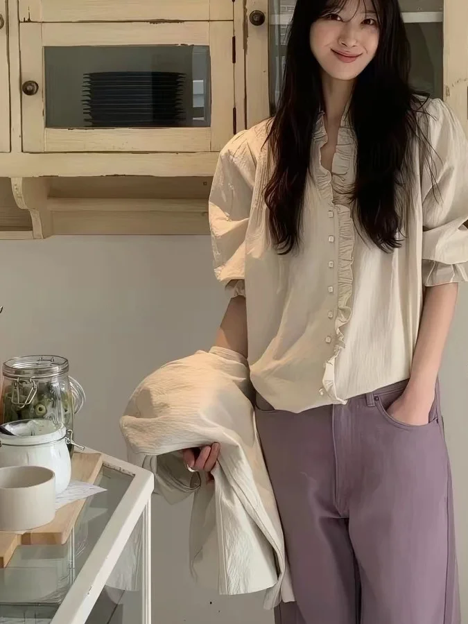 

Деревянная раскладная рубашка-топ женская с рукавами-фонариками, V-образным вырезом, в нежном винтажном стиле, с длинными рукавами, из дышащего хлопка, приятного для кожи