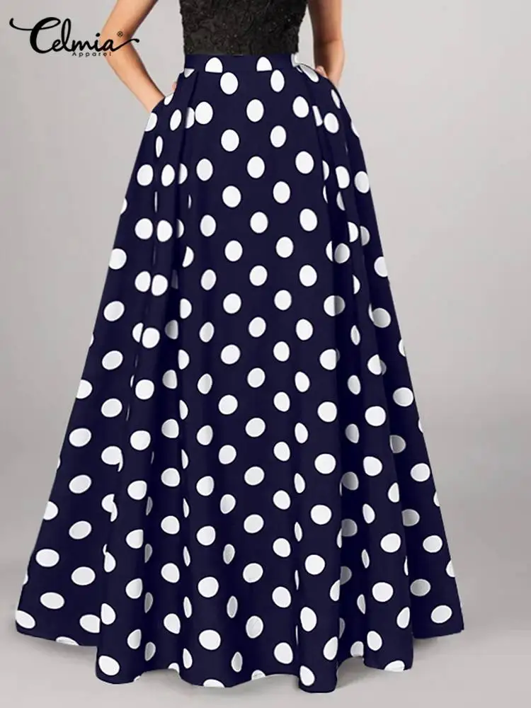 Celmia 2023 Summer Bohemian Skirt Women Maxi Skirts High Waist Vintage Casual Loose Polka Dot Elegant A-line Long Skirt Oversize