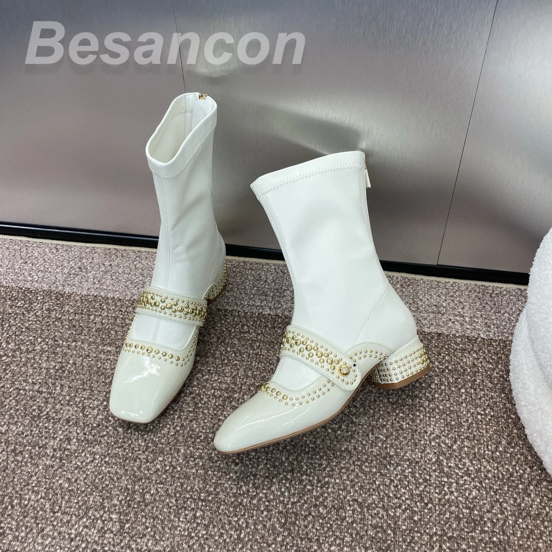 Beasencon 2024  Winter New Women\'s High-heeled boots Rivets Leather sole Top quality Formal shoes Punk style  ANKLE large size