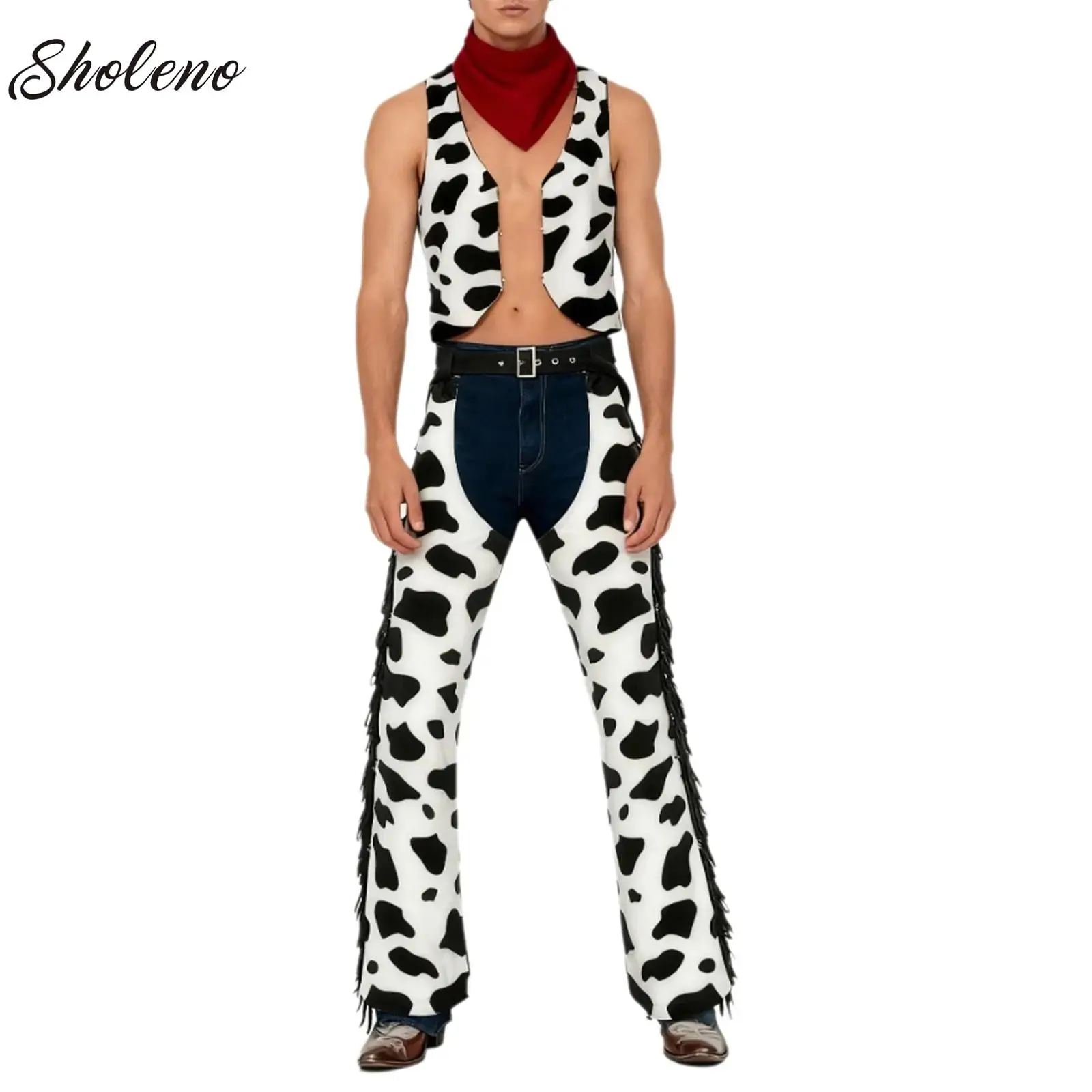

Mens Wild West Cosplay Cowboy Costume Halloween Dress Up Clothes Flannel Chaps Pants Open Front Vest Coat with Bandanna Set