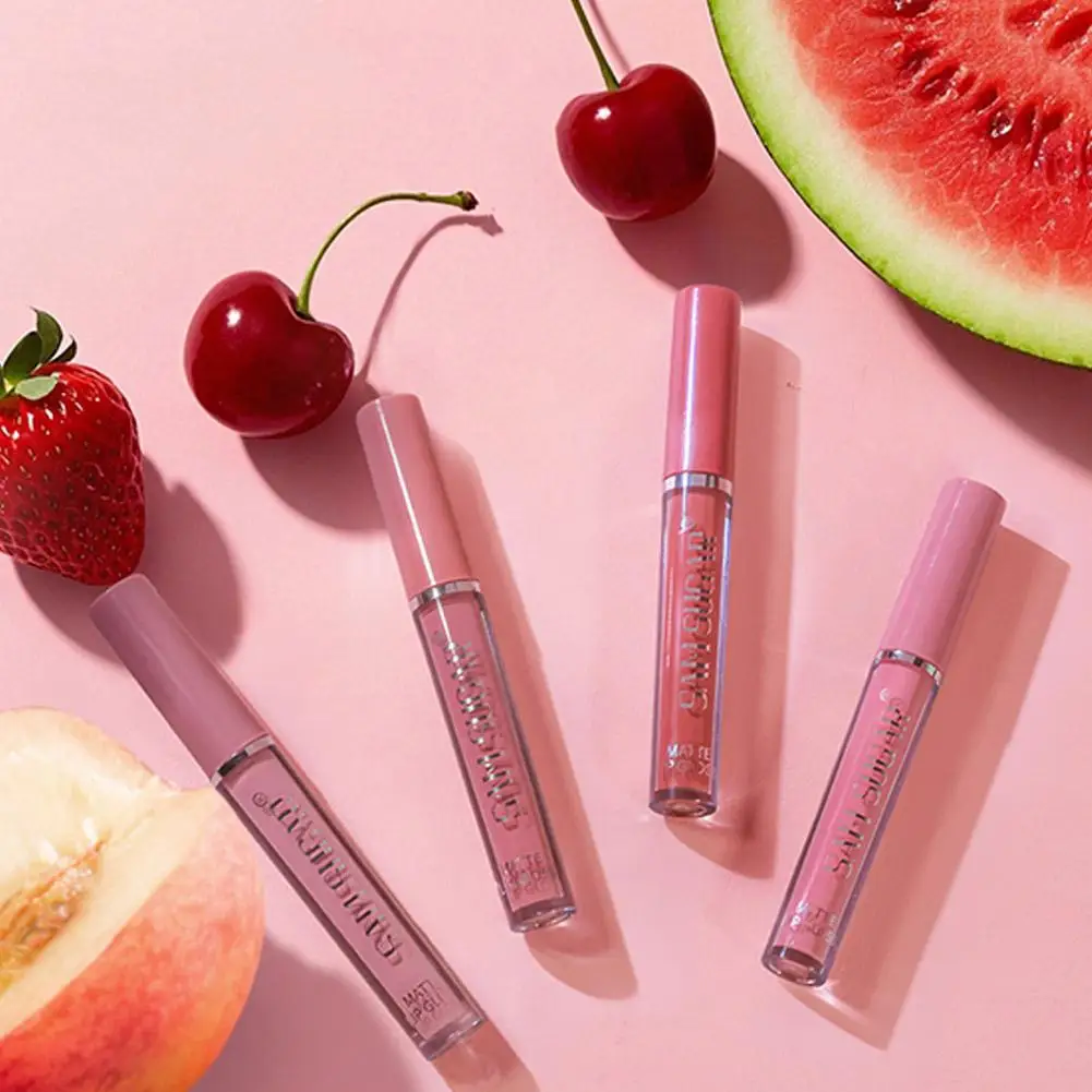 3pcs Fruit Cherry Strawberry Liquid Lipstick Makeup Kit Non Stick Cup Colorfast Long Lasting Velvet Matte Peach Lip Gloss Set