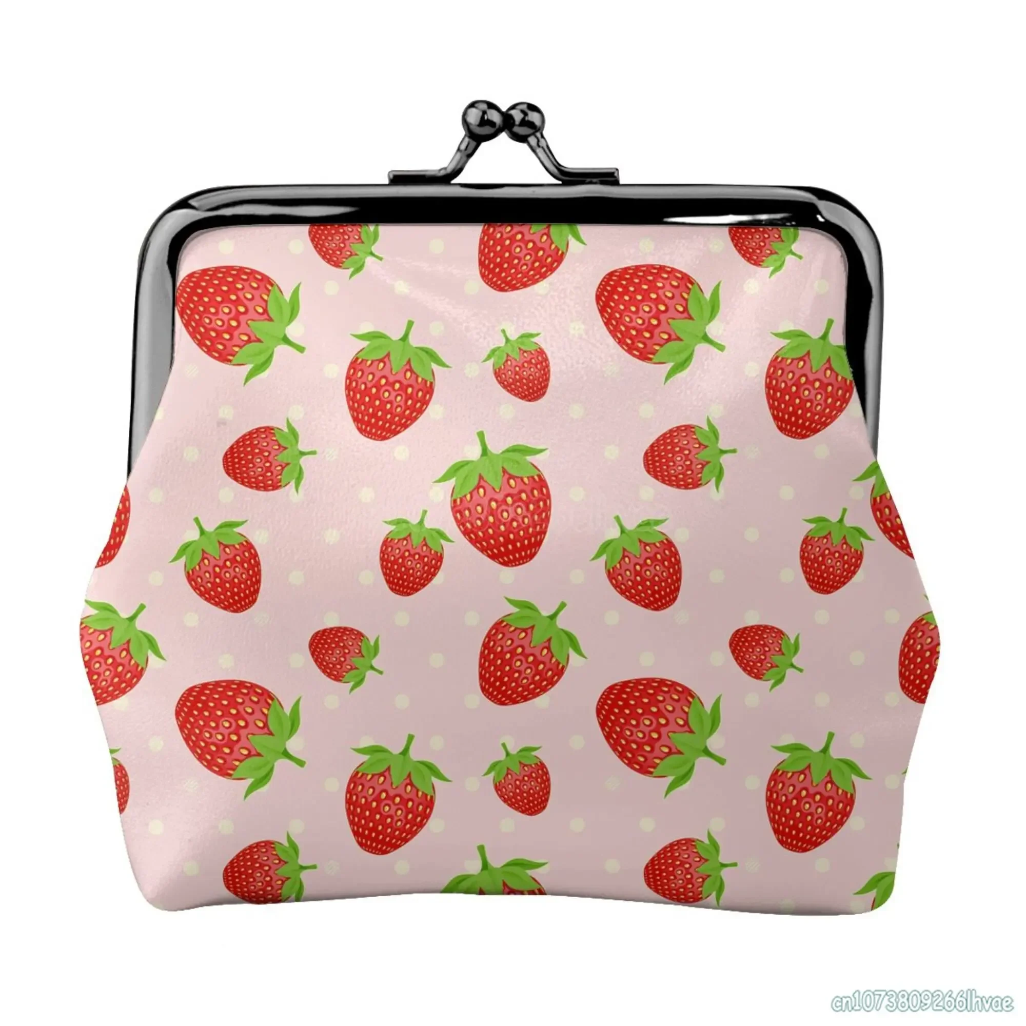 

Cute Strawberry Print Pattern Leather Coin Purse Kawaii Small Kiss-Lock Change Pouch Clasp Closure Buckle Wallet for Women Girl