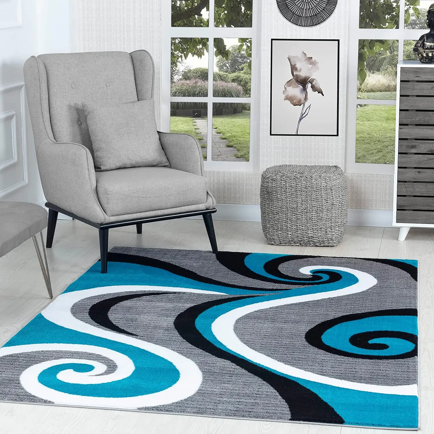 Modern 8x10 Area Rug Bedroom & Living Room Carpet with Swirls in Turkaz Grey | Contemporary Dining Accent Sevilla Collection