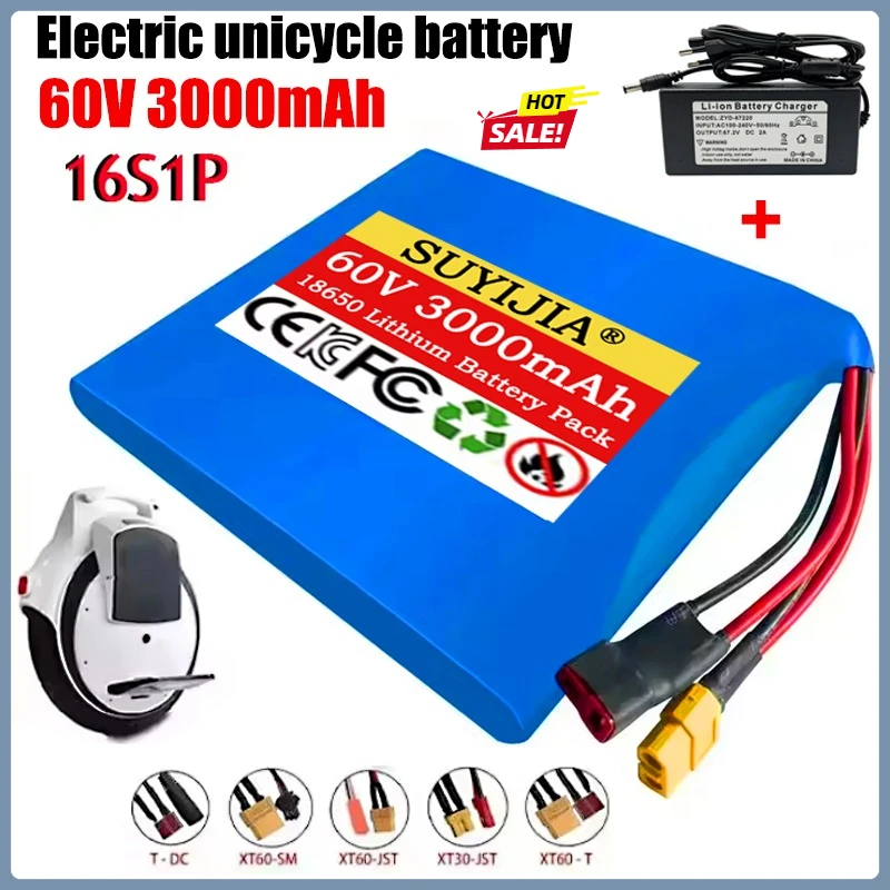 

100% реальная емкость 60 В 3000 мАч литиевый аккумулятор 18650 16S1P 3 Ач с BMS баланс одноколесный велосипед аккумулятор + зарядное устройство 67,2 В