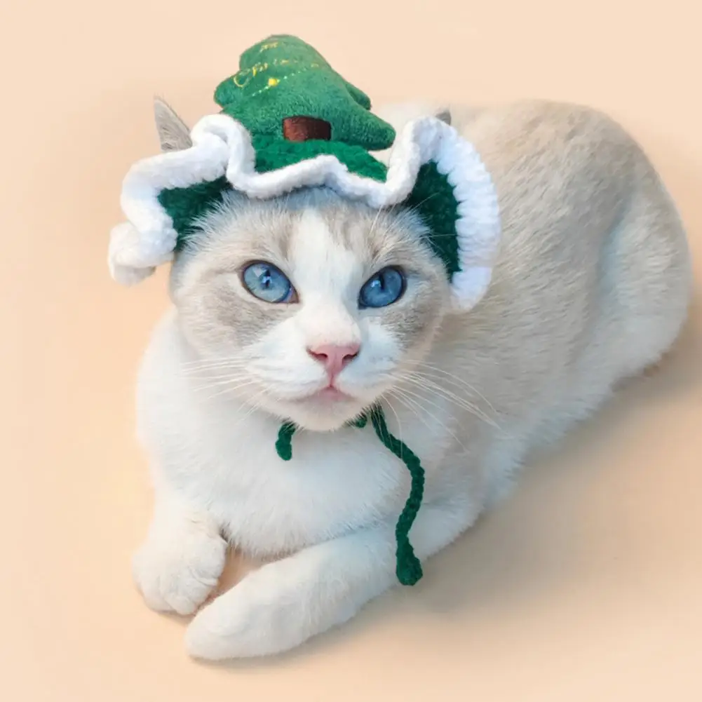 Soft Pet Hat Handmade Wool Knitted Cat Christmas Hats Cozy Xmas Tree Design Winter Dress Up Pet Headwear for Autumn Comfortable