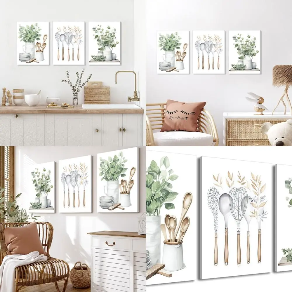 

Set of 3 Sage Green Eucalyptus Leaf Wall Art Prints, Boho Botanical Decor for Dining Room, Framed Canvas Pictures, 16x24 inches