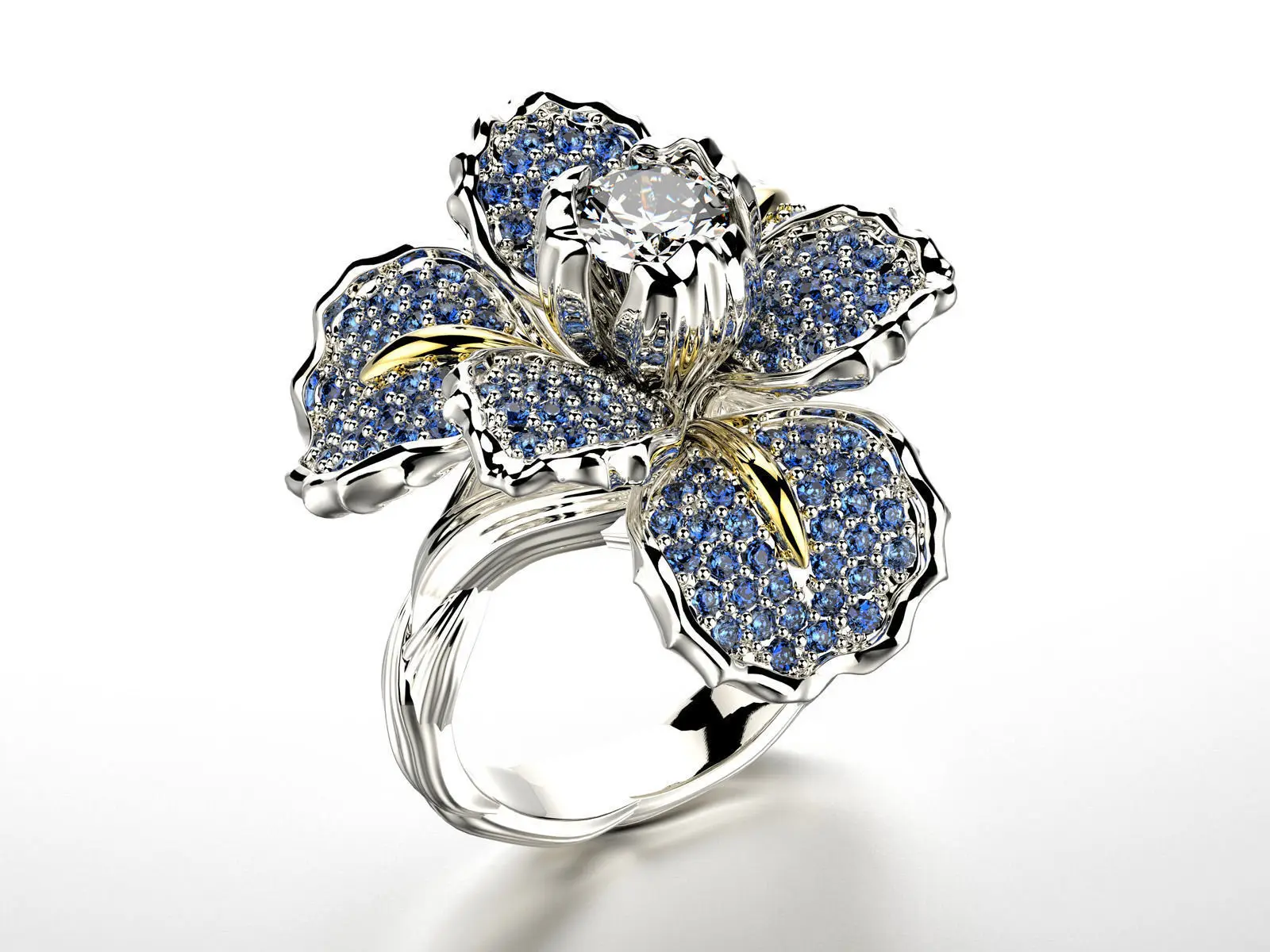 S925 Sterling Silber Zweifarbiger Ring mit Mikro-Pavé-Diamanten und Blauer Topas-Blume, Perfekt für den Alltag und Dates – Detail 2