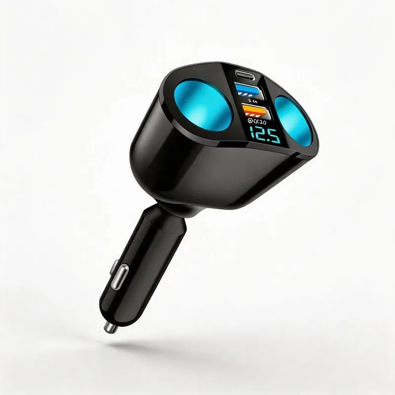 USB C Car Charger Dual USB QC3.0 Fast Charging Adapter Digital Display Car Cigarette Lighter Splitter Multi Port Power Charger
