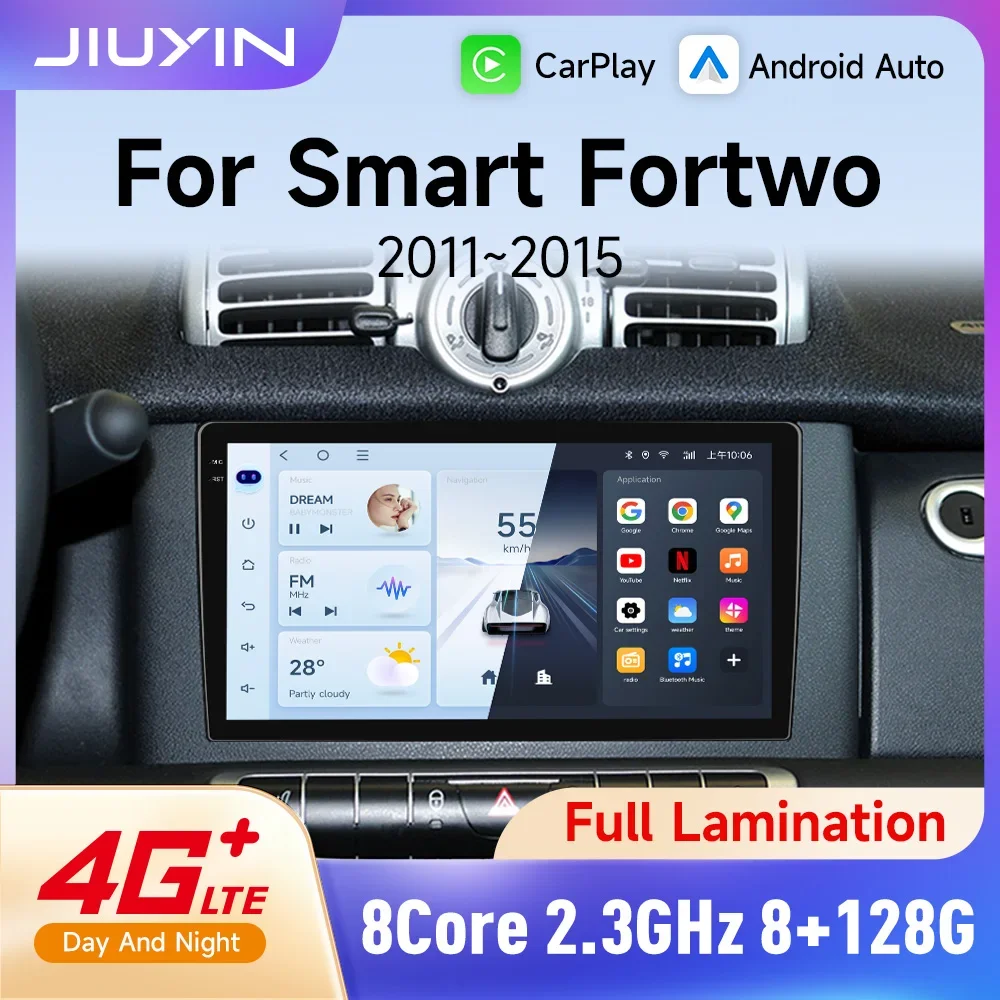 JIUYIN Autoradio, 9-Zoll-Multimedia-System, kabelloses CarPlay, Android Auto, 4G-Stereo-Player, für Mercedes Benz Smart Fortwo 451, Baujahr 2010–2015.