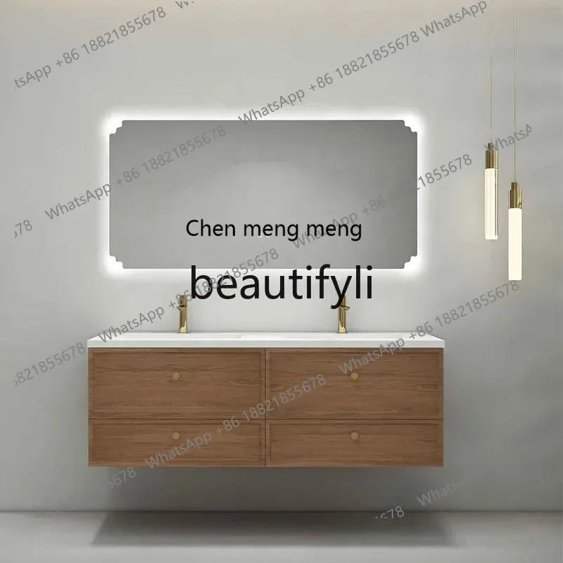 bathroom cabinet rock slab countertop washbasin integrated wash basin log wind solid wood multi-layer storage cabinet