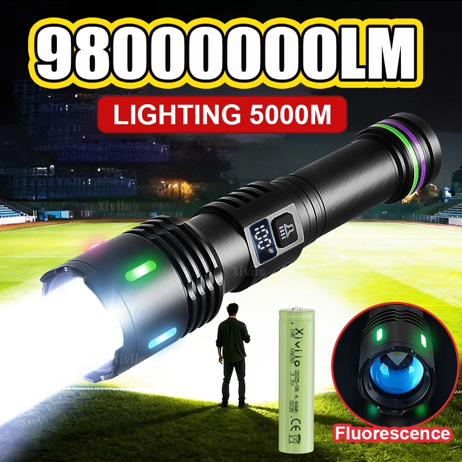 

98000000LM Супер яркий фонарик Самый мощный светодиодный фонарик дальнего действия 5000 м Перезаряжаемая портативная лампа Кемпинговый фонарь