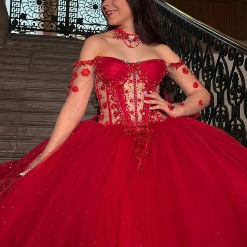 

Red Quinceanera Dress off-shoulder Crystal Glitter Flower Decal Layering Long tail Bow vestidos de 15 Quinceanera ﻿Customize