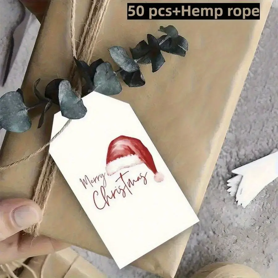 1/5/10/20/50/100pcs Christmas Gift Tags with Jute Twine - Red And Chestnut Watercolor Santa Hats, Joyful Christmas Text - Suitab