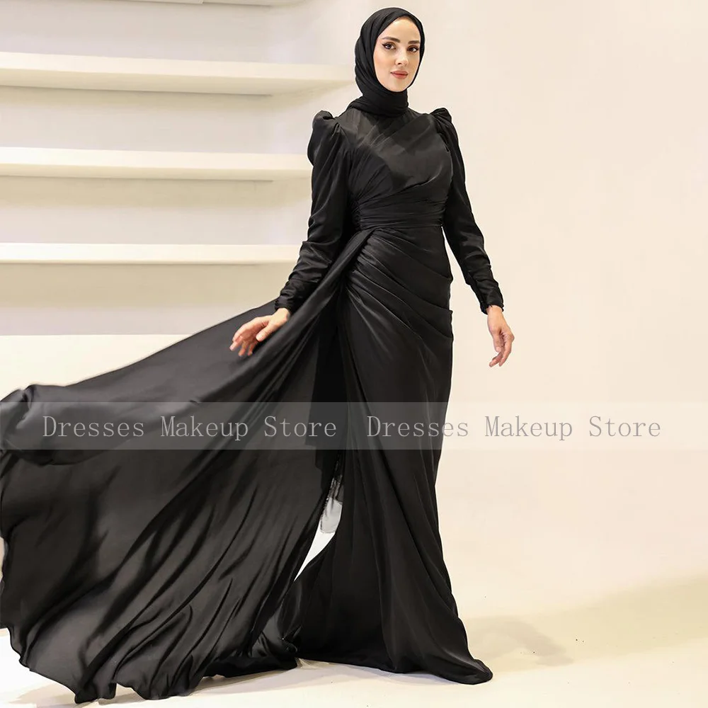 Modest Wedding Guest Dresses for Women O Neck Mermaid Formal Party Dress Black Pleats Draped Chiffon Satin Evening Dress Long