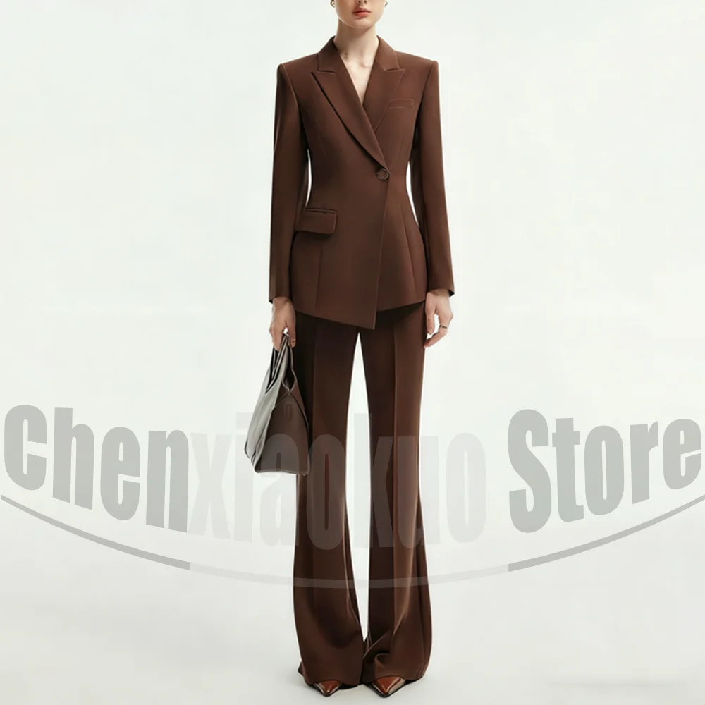 

Женский коричневый костюм с расклешенными брюками, модный офисный женский повседневный наряд на одной пуговице, стильные костюмы для выпускного вечера из двух предметов