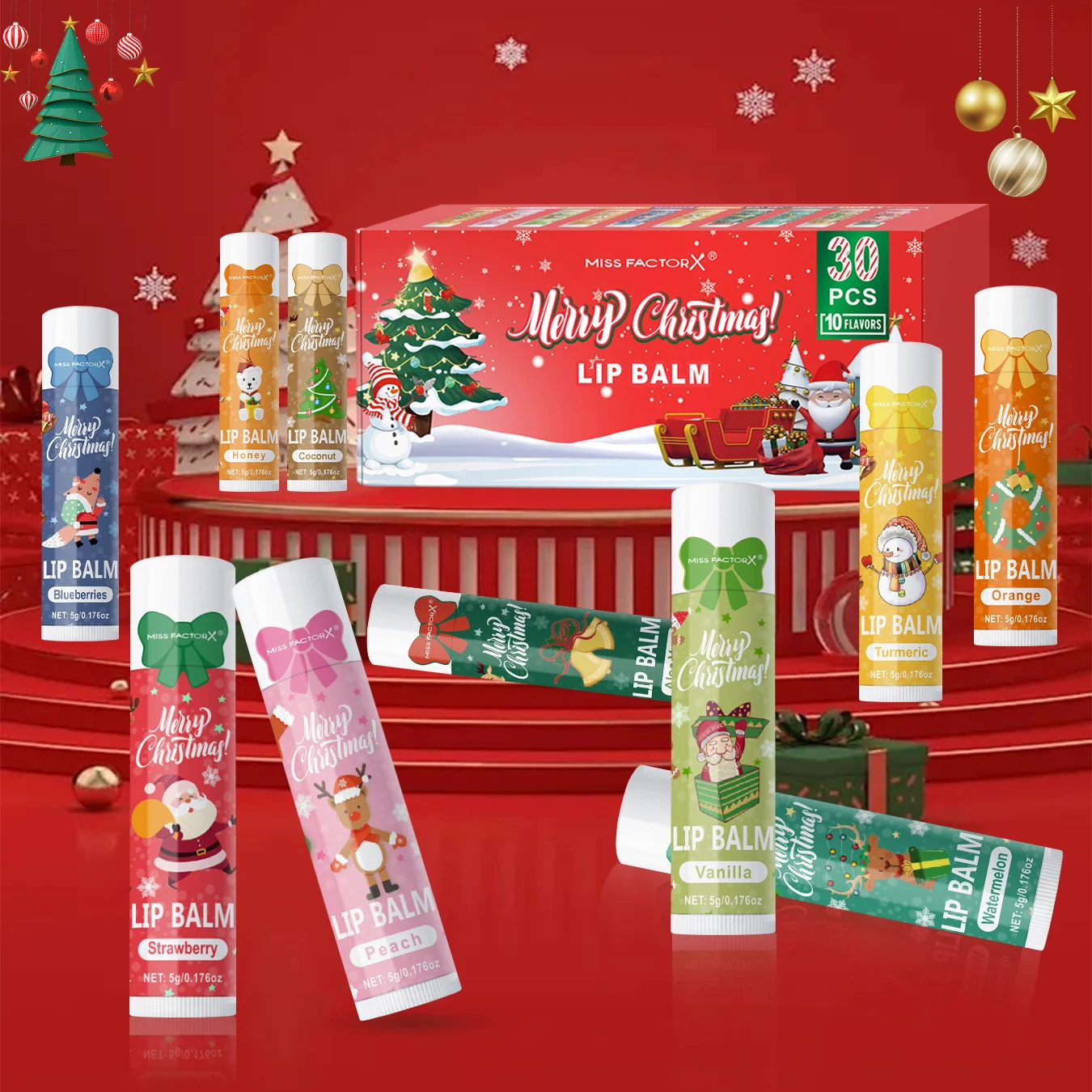 

30-piece lip balm set with 10 fragrances. Moisturizes lips, perfect Christmas gift for women