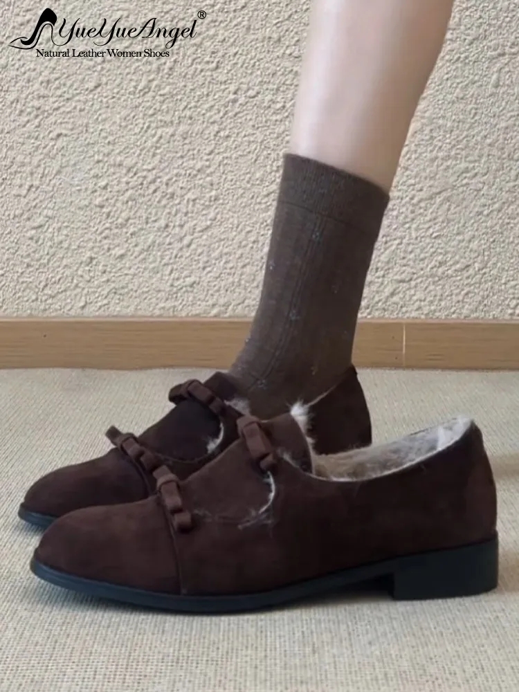 Elegant Female Bow Genuine Leather Fleece Lining Pumps Solid Color Sheepskin Round Toe Slip On Sheep Suede Low Heel Shoes