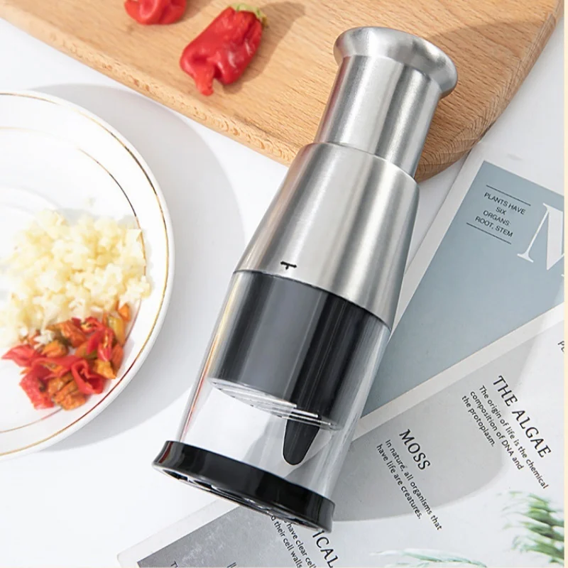 مفرمة الثوم المضغوطة من الفولاذ المقاوم للصدأ، هراسة الثوم اليدوية، أداة تقطيع الثوم المحمولة من نوع الدفع، أداة مفرمة المطبخ