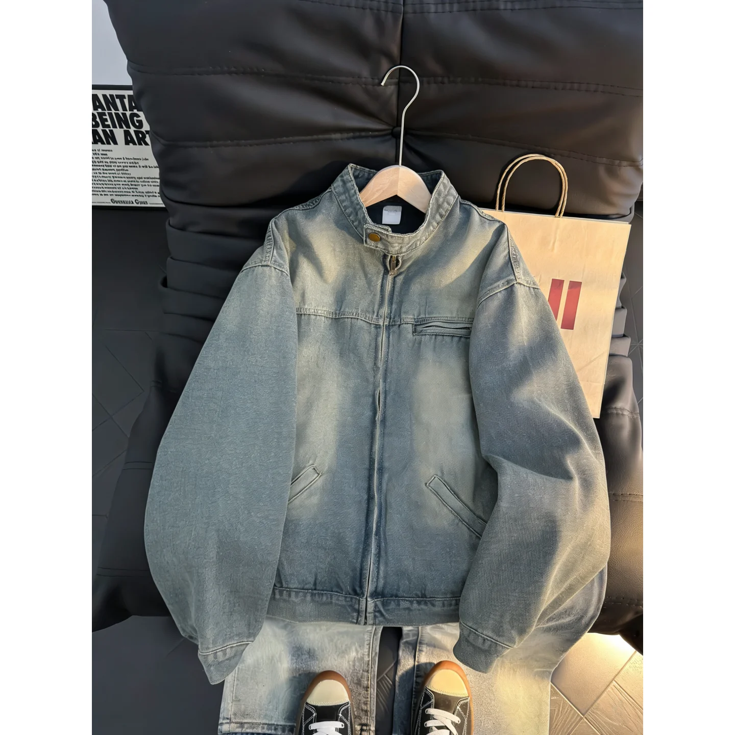 

Retro American Vibe Men's Denim Jacket Street Style Faded Loose Fit Small Stand Collar Workwear Jacket Youth Trend Summer