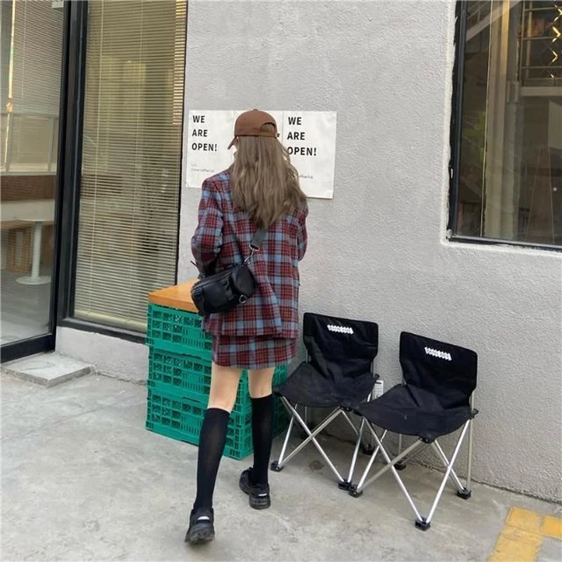 Fashion Two-piece Suit Women Winter New Style Korean Plaid Woolen Blazer + High Waist A-line Skirts Sets Female