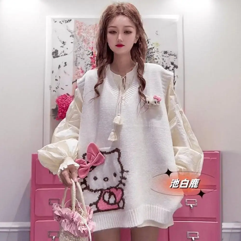 Kawaii Hello Kitty V คอถักเสื้อกั๊ก Sanrio อะนิเมะเกาหลีรุ่น Preppy ฤดูใบไม้ร่วงฤดูใบไม้ผลิสาวเสื้อกันหนาวนักเรียนแนวโน้มหวานหลวม