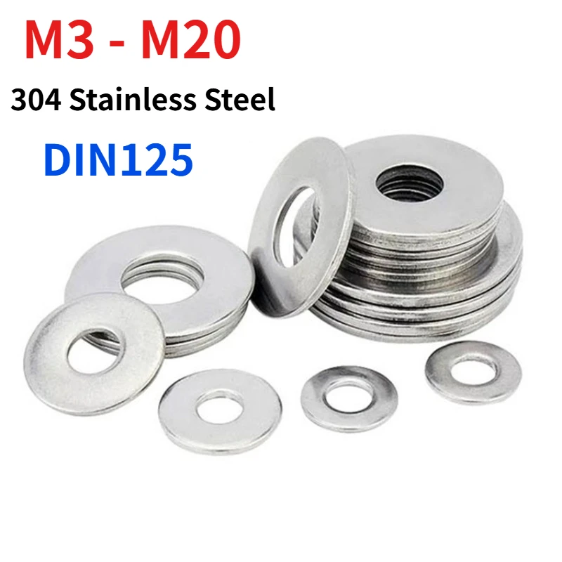 M3 -M20 304 Stainless Steel Flat Washer DIN125, Plain Round Gasket Meson Metal Screw Washer Anti-rust Shim for Fastener Hardware
