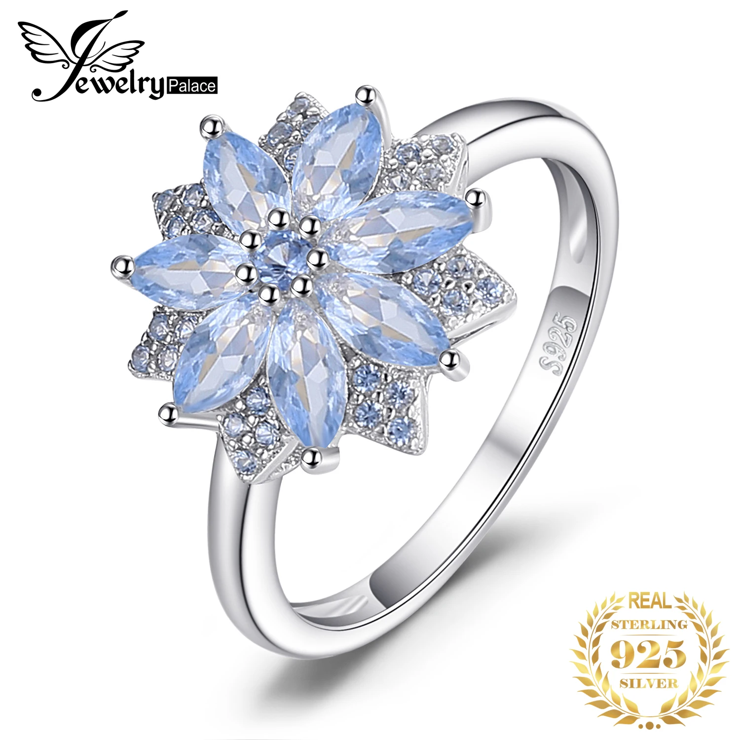 JewelryPalace Flower 1.2ct Created Light Blue Spinel 925 Sterling Silver Cocktail Ring for Woman Fashion Jewelry Trendy Gift