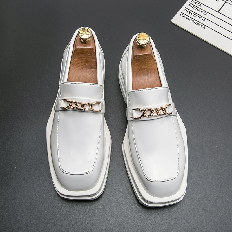 Black White Square Toe Leather Shoes for Men 2025 New Trendy Thick Sole Inner Heightening Business Dress Derby Shoes Men Loafers