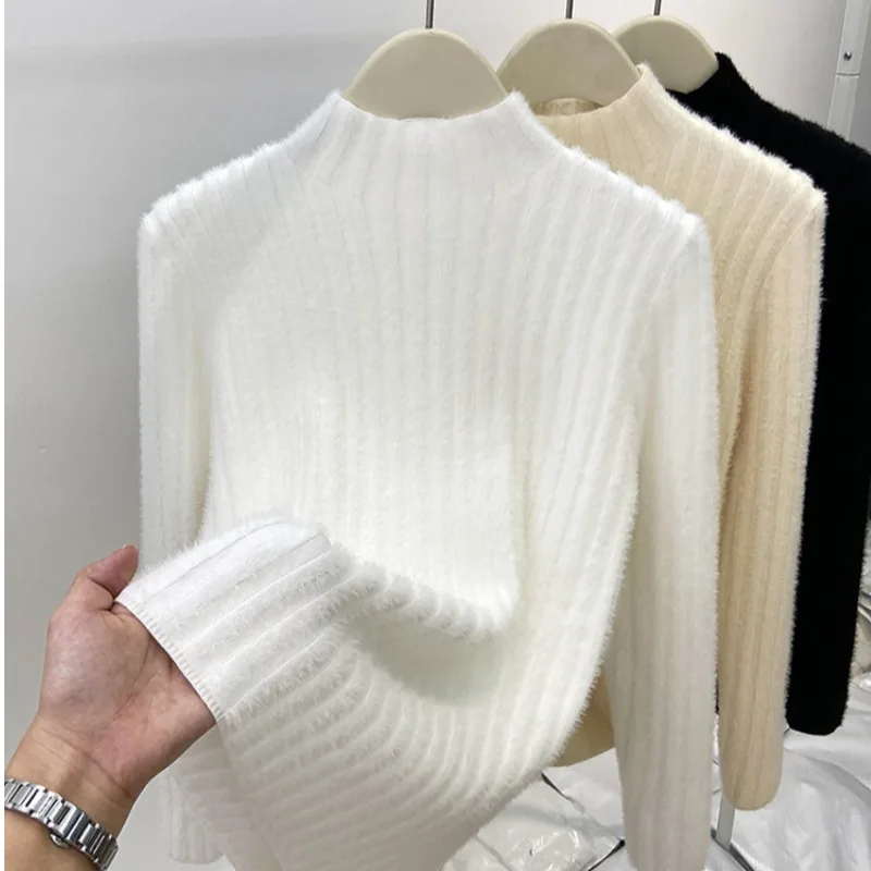 Half High Collar Wome's Elastic Slim Sweater Autumn Winter New Imitate Mink Fur Knitted Long Sleeve Top Plush Pullover Sweater