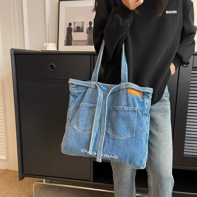 Japanese minimalist denim bag, female letter printed canvas bag